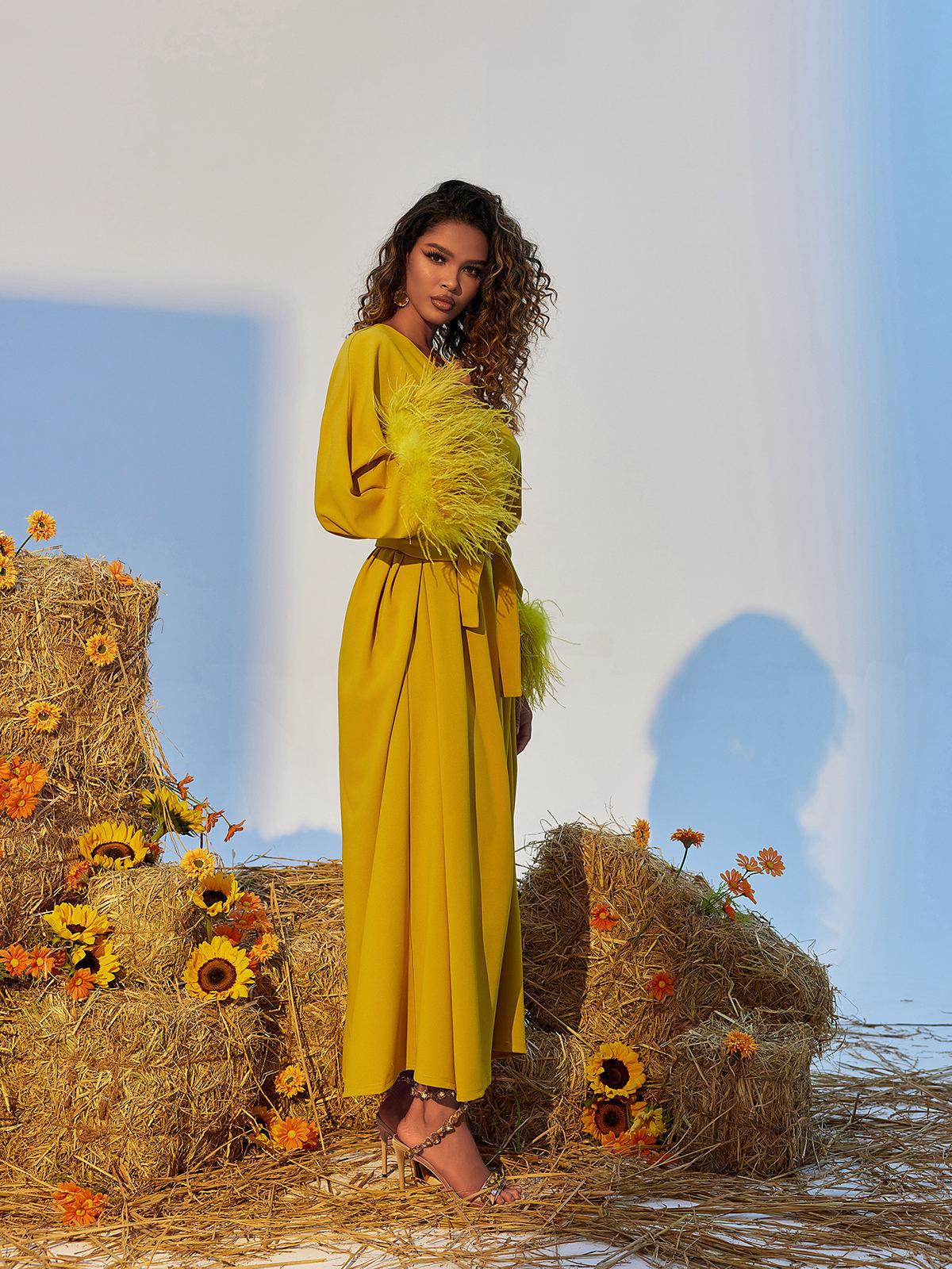 Ceridwen V Neck Feather Trimmed Split Maxi Dress
