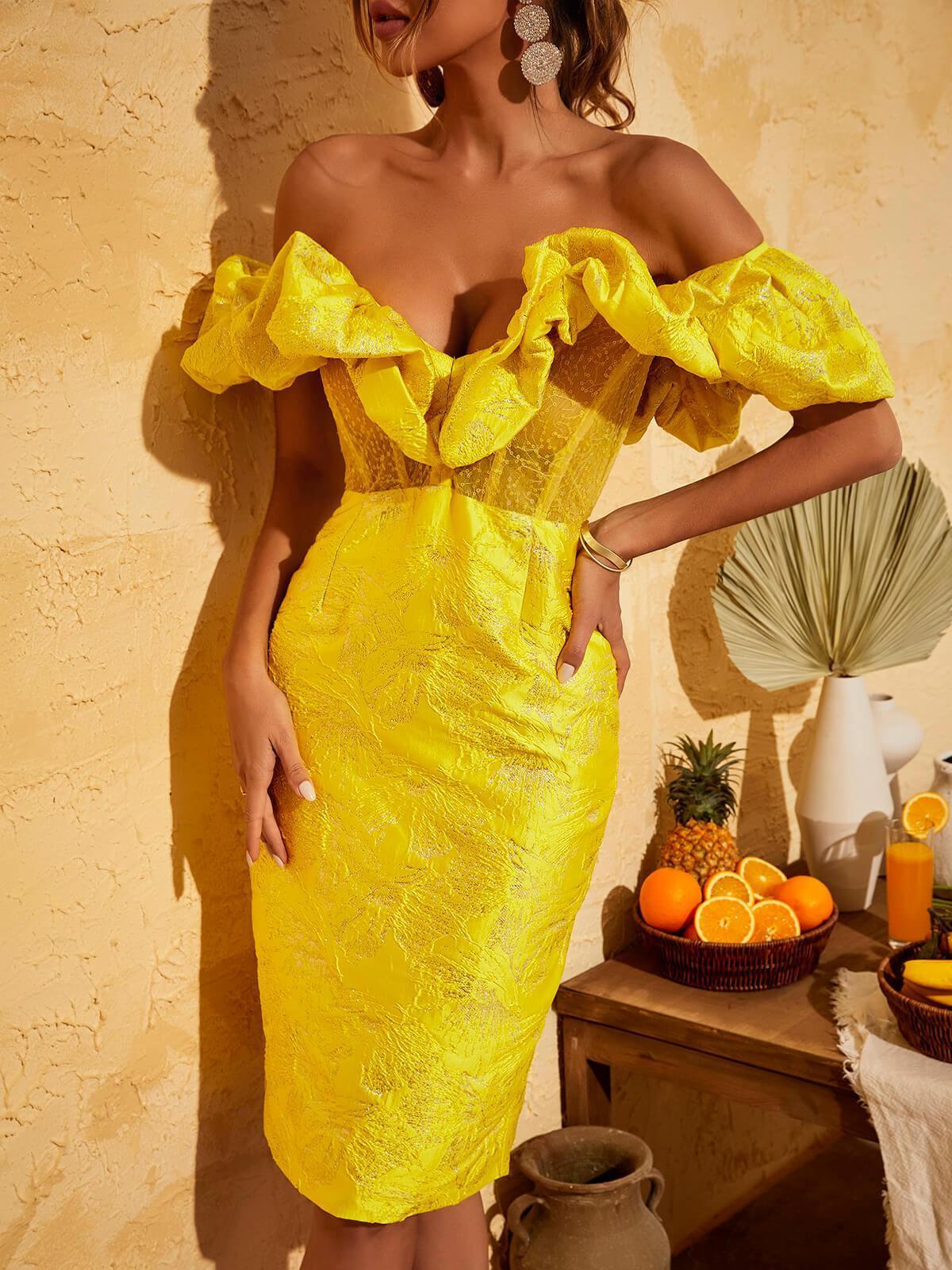 Giselle Jacquard Off Shoulder Midi Dress In Yellow