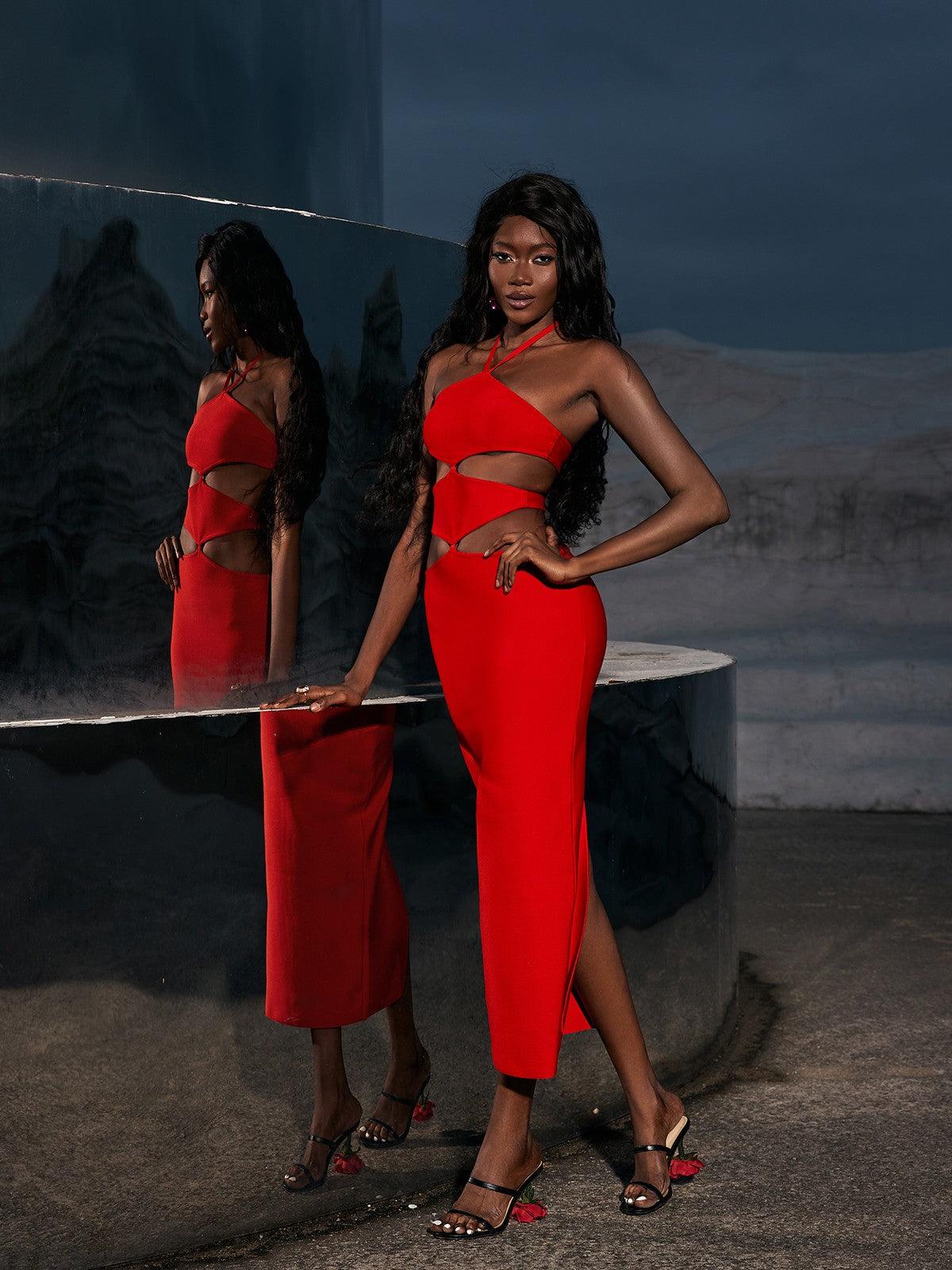 Hedwig Cutout High Split Bandage Dress In Red