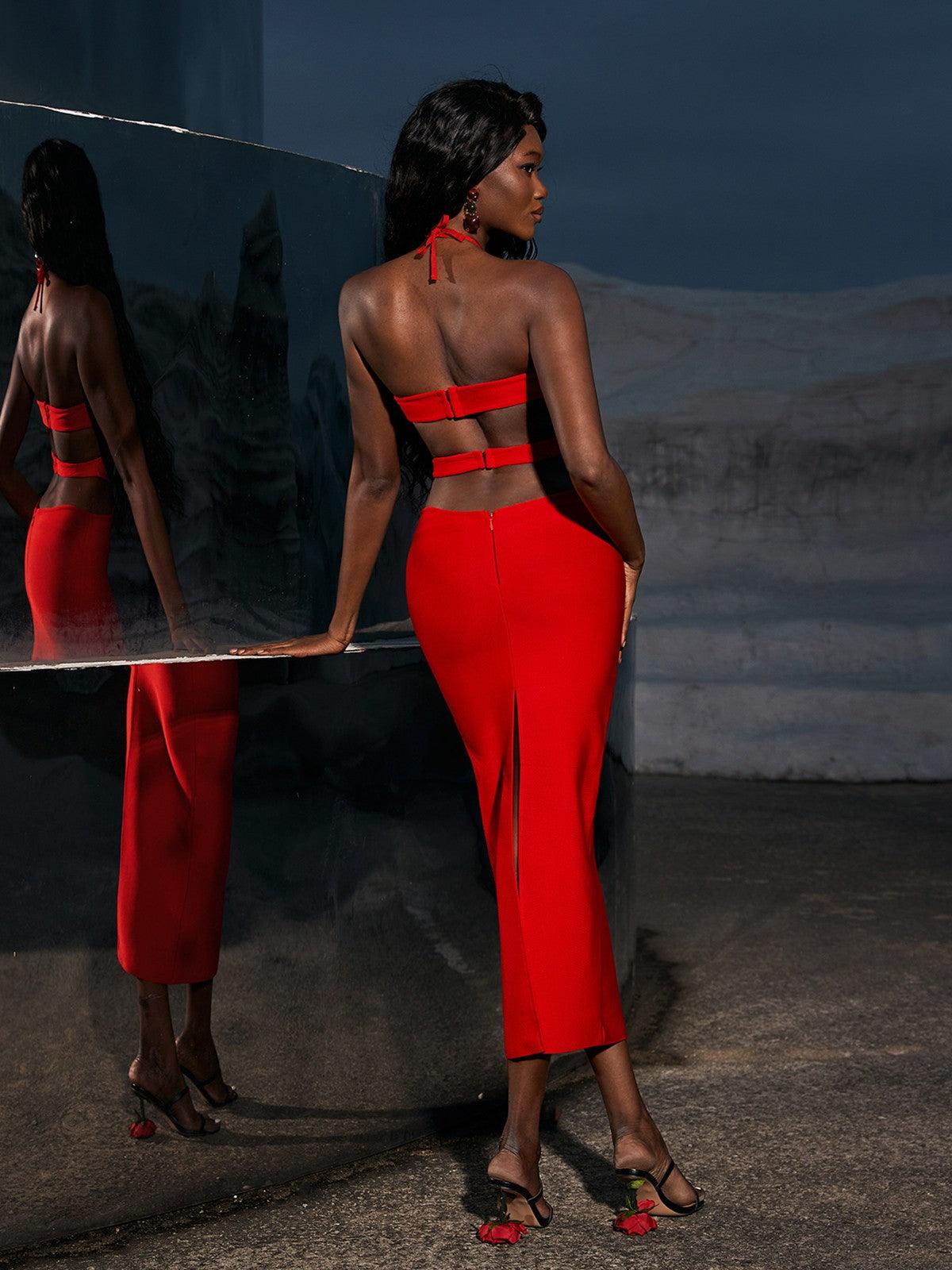 Hedwig Cutout High Split Bandage Dress In Red