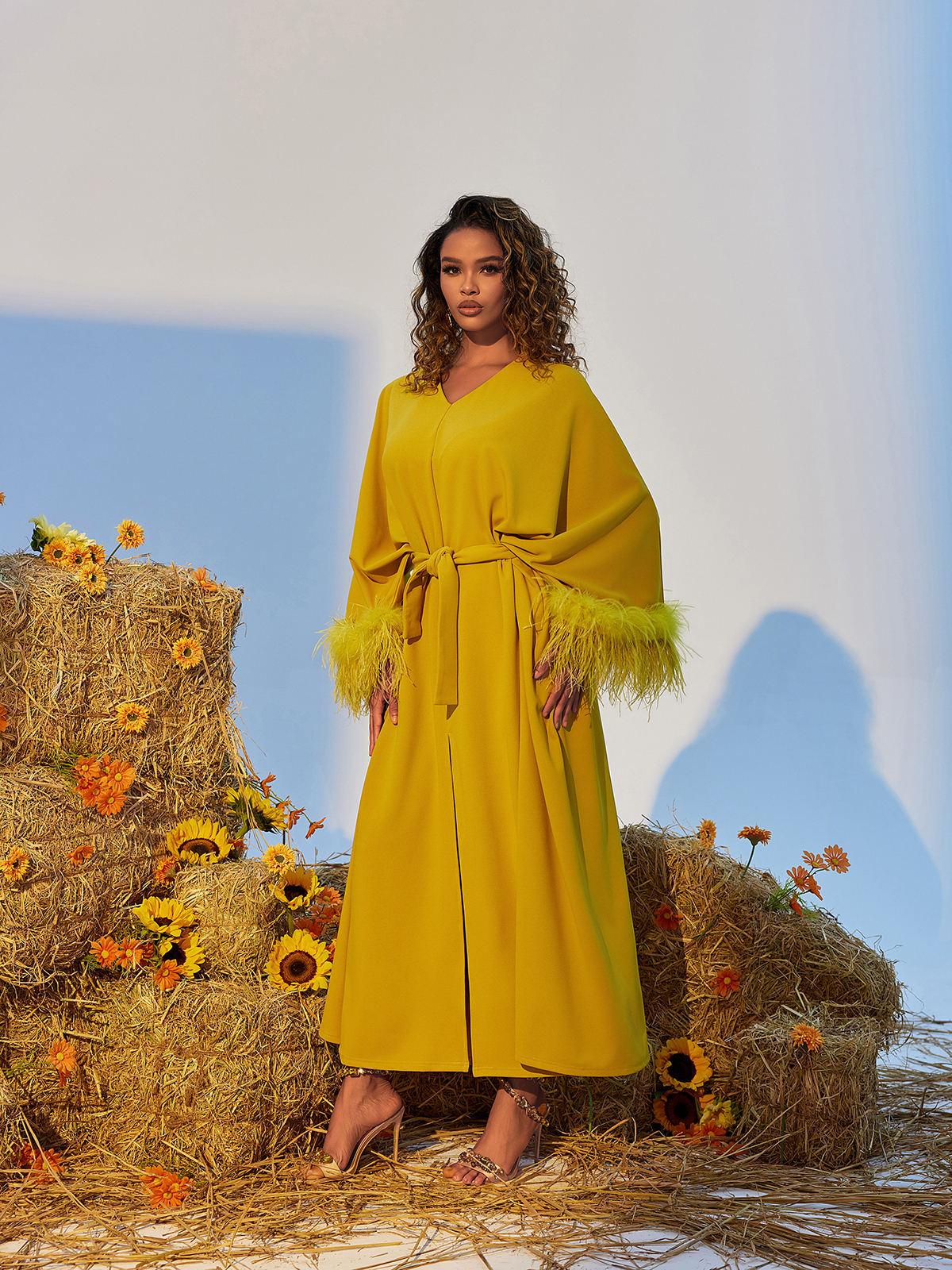 Ceridwen V Neck Feather Trimmed Split Maxi Dress