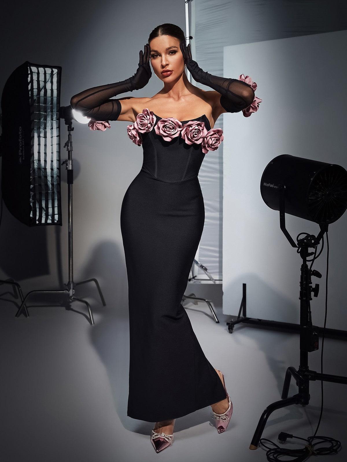 Rosanna Strapless Flower Corset Bandage Dress With Gloves