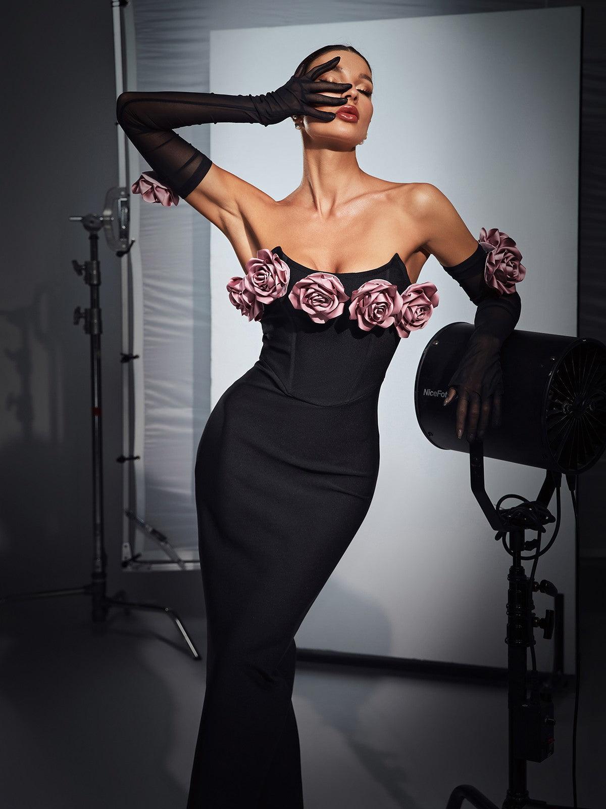 Rosanna Strapless Flower Corset Bandage Dress With Gloves